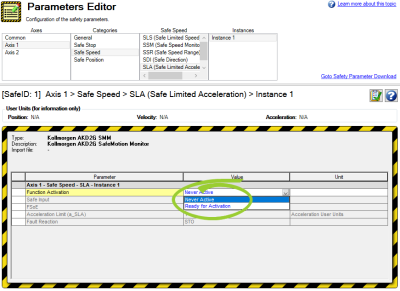 Parameters Editor with Function Activation values shown and circled